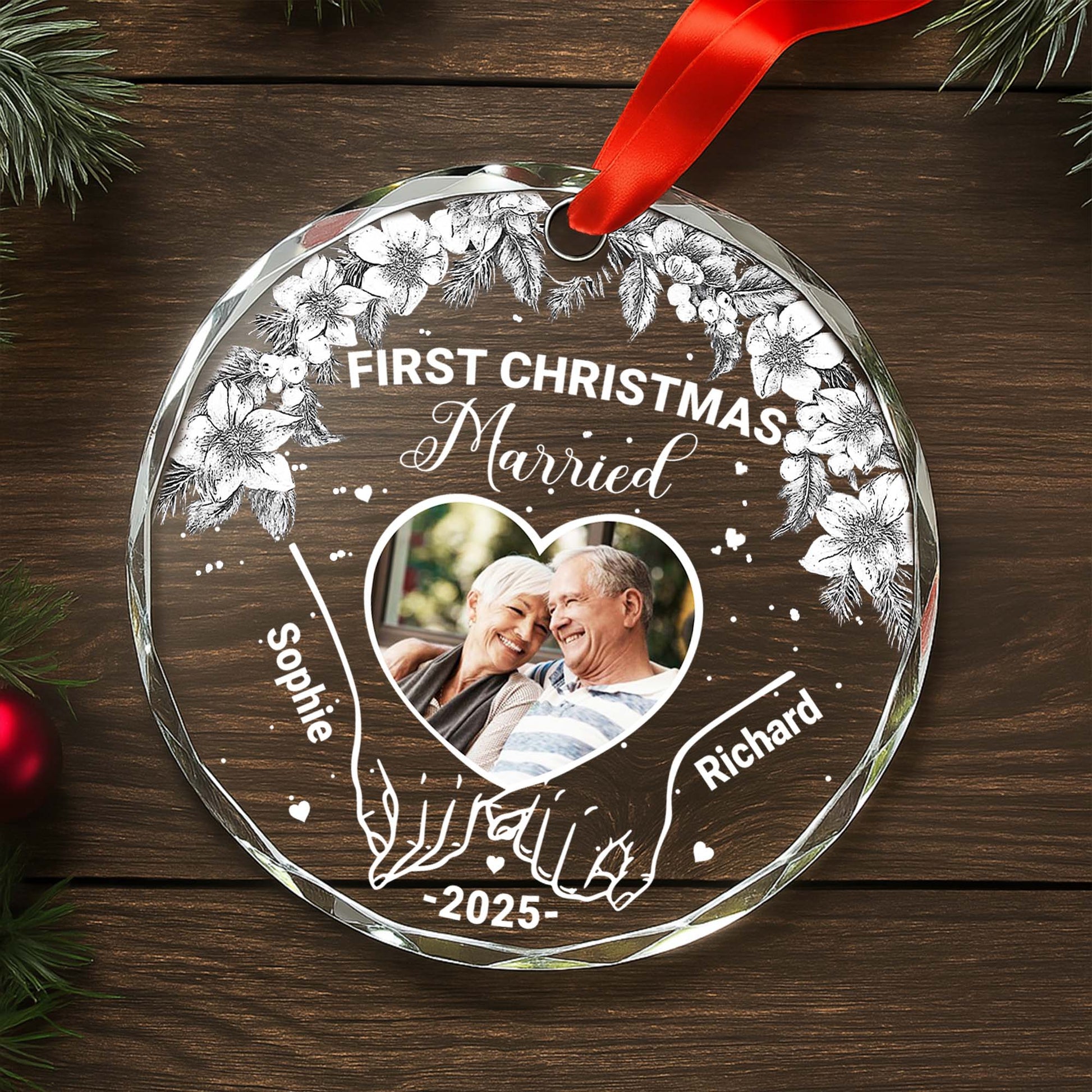 First Christmas Married With Pinecones And Flowers