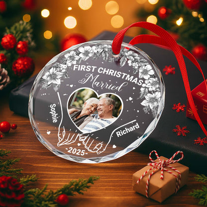 First Christmas Married With Pinecones And Flowers