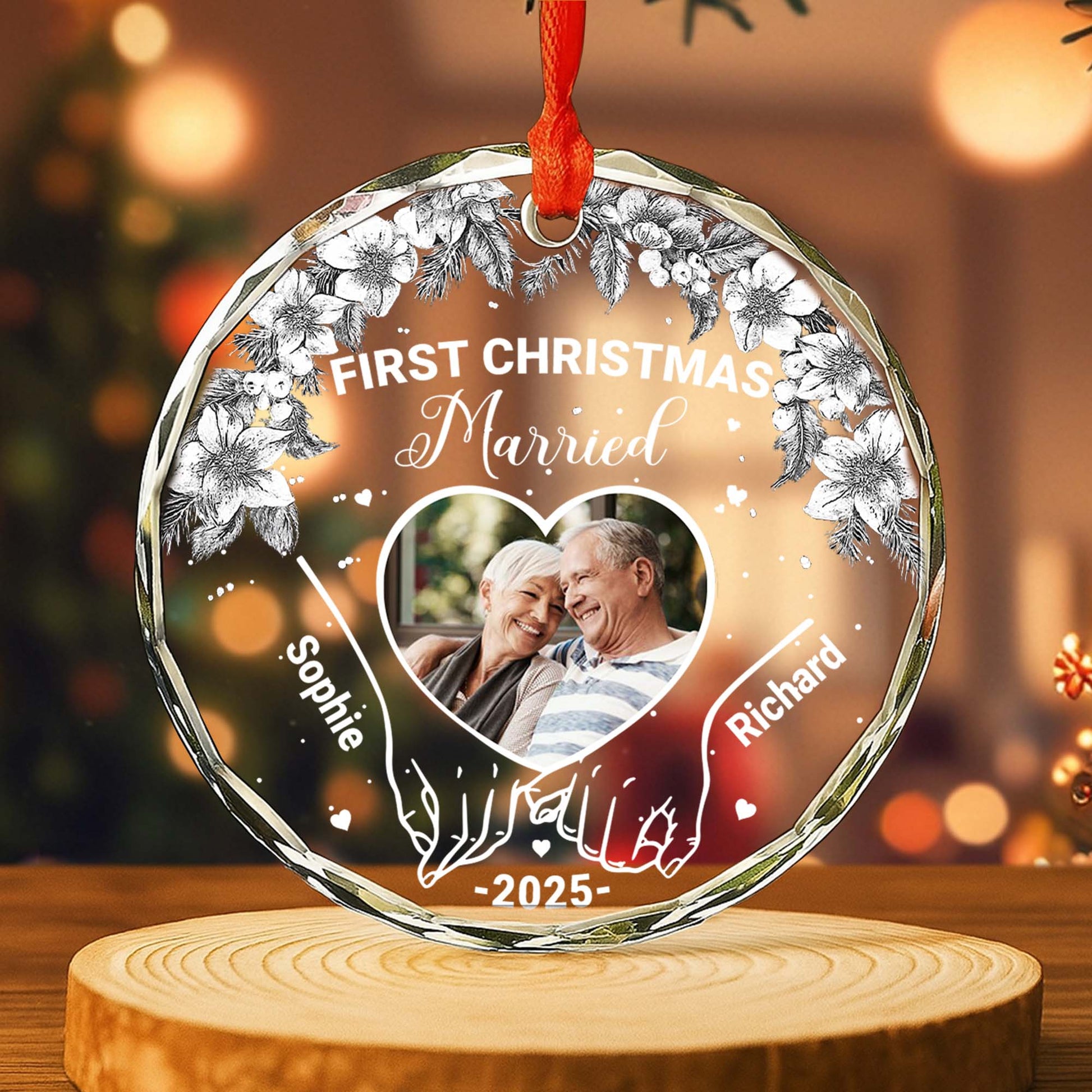 First Christmas Married With Pinecones And Flowers