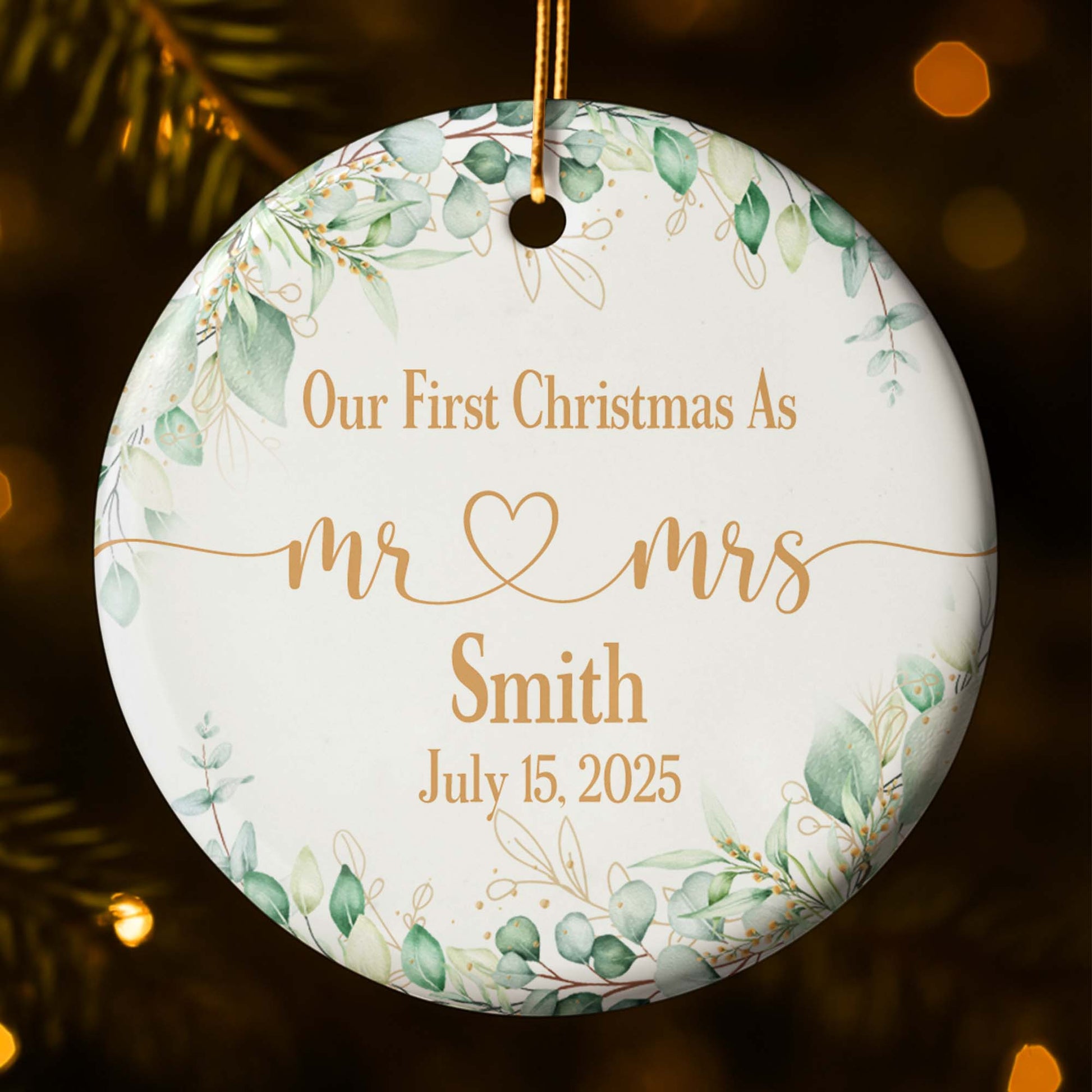 Our First Christmas As Mr & Mrs With Leaves And Hearts