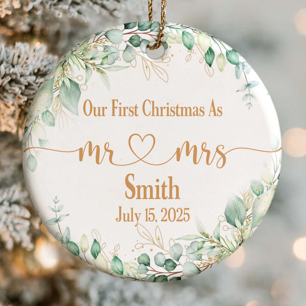 Our First Christmas As Mr & Mrs With Leaves And Hearts
