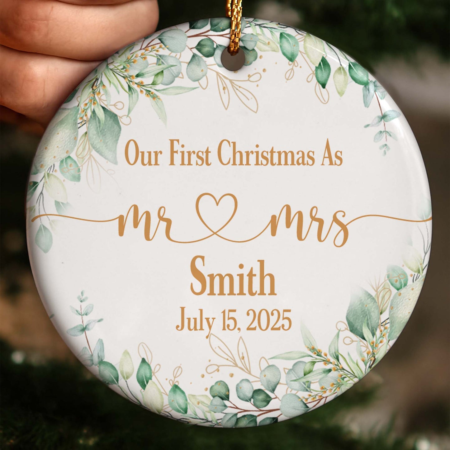Our First Christmas As Mr & Mrs With Leaves And Hearts