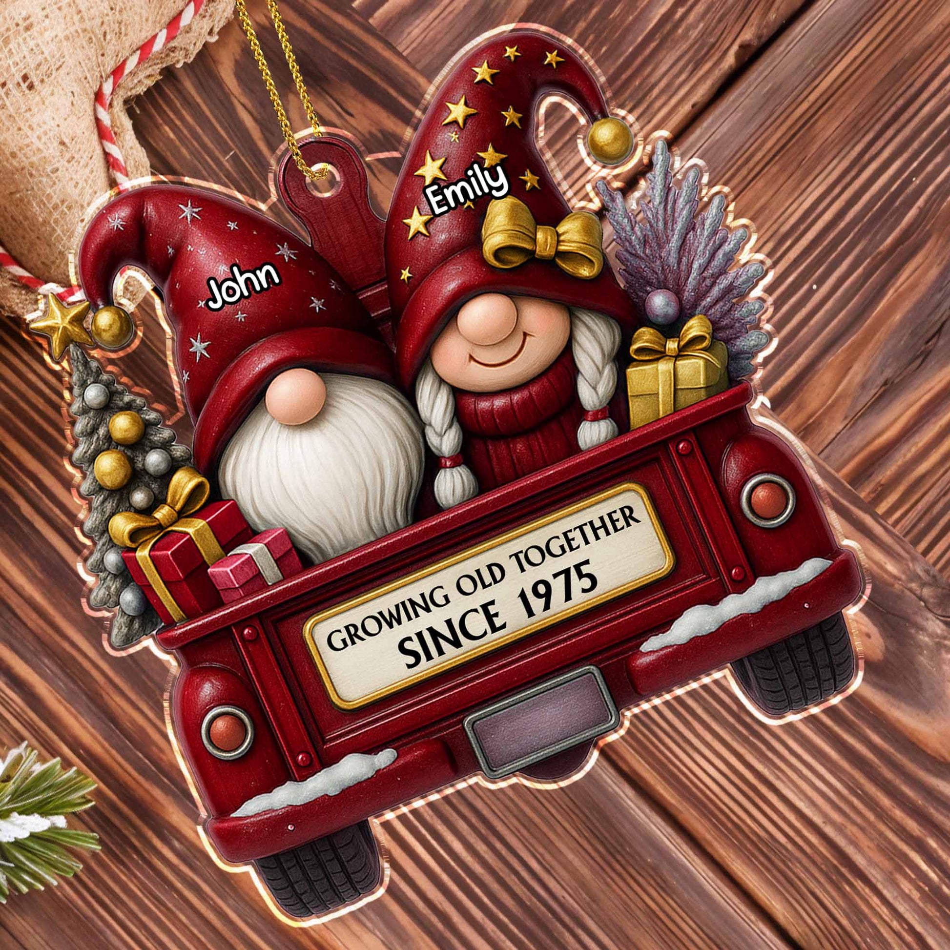 Growing Old Together Since, Red Truck With Gnomes And Christmas Tree
