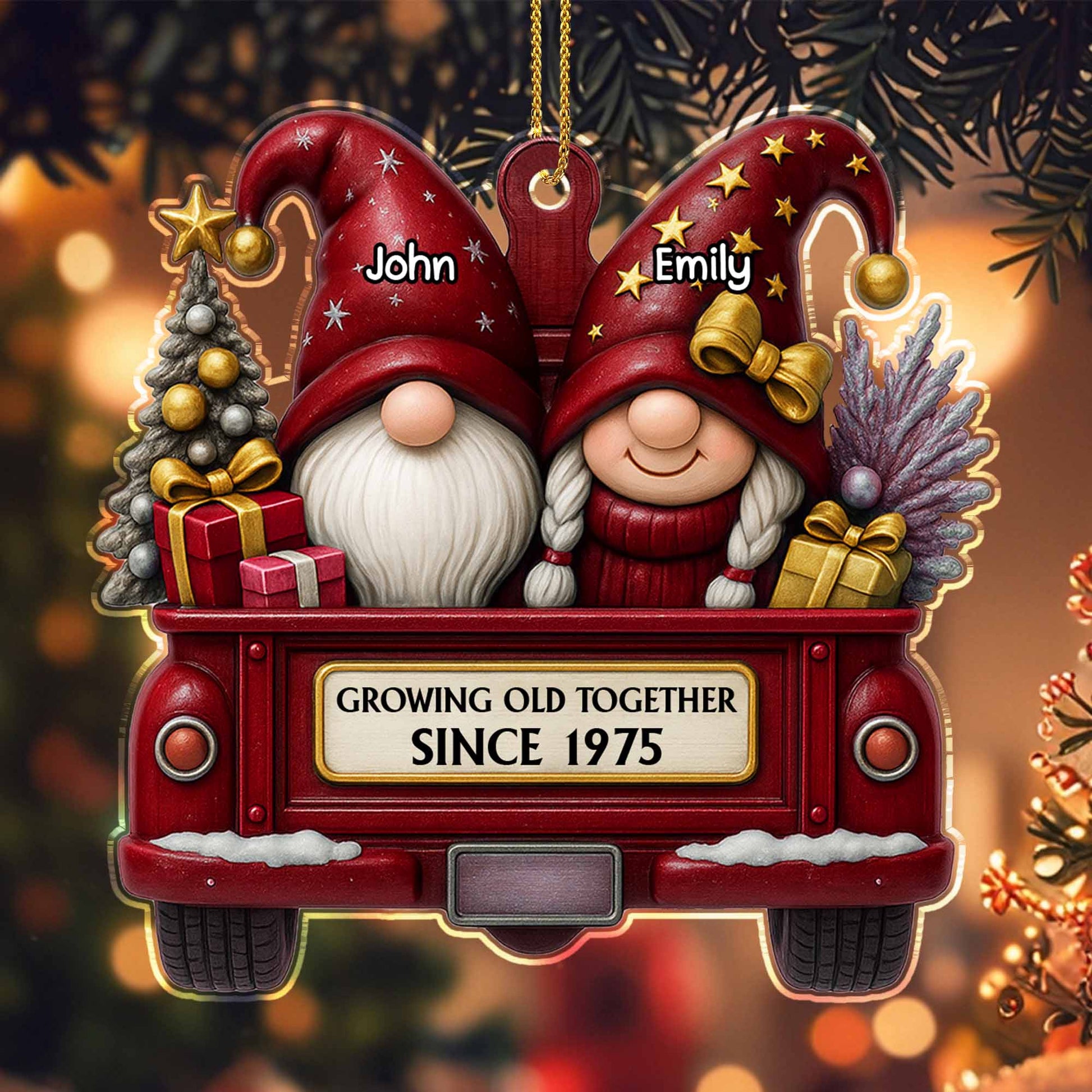Growing Old Together Since, Red Truck With Gnomes And Christmas Tree