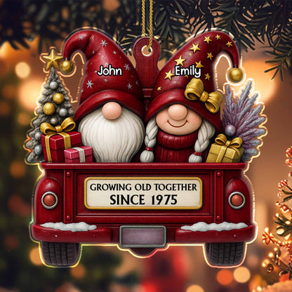 Growing Old Together Since, Red Truck With Gnomes And Christmas Tree