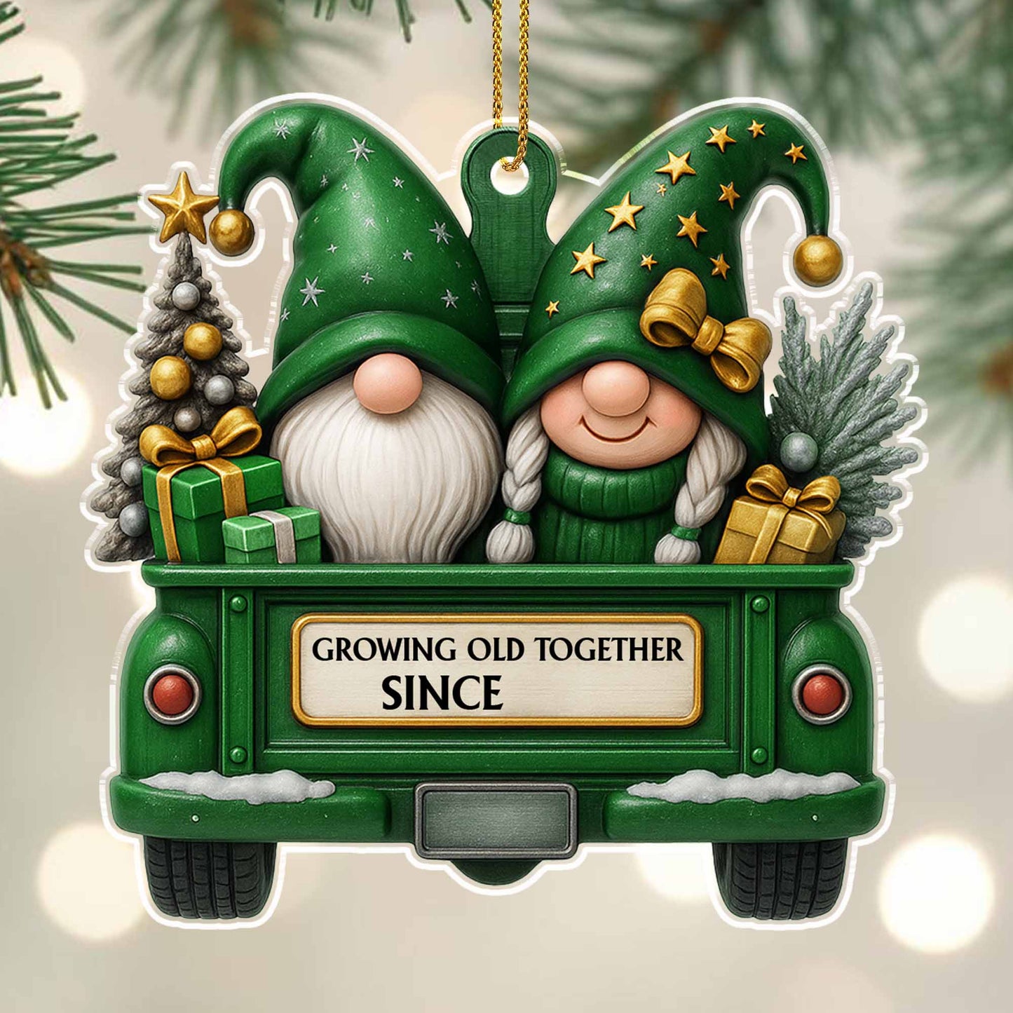 Growing Old Together Since, Red Truck With Gnomes And Christmas Tree