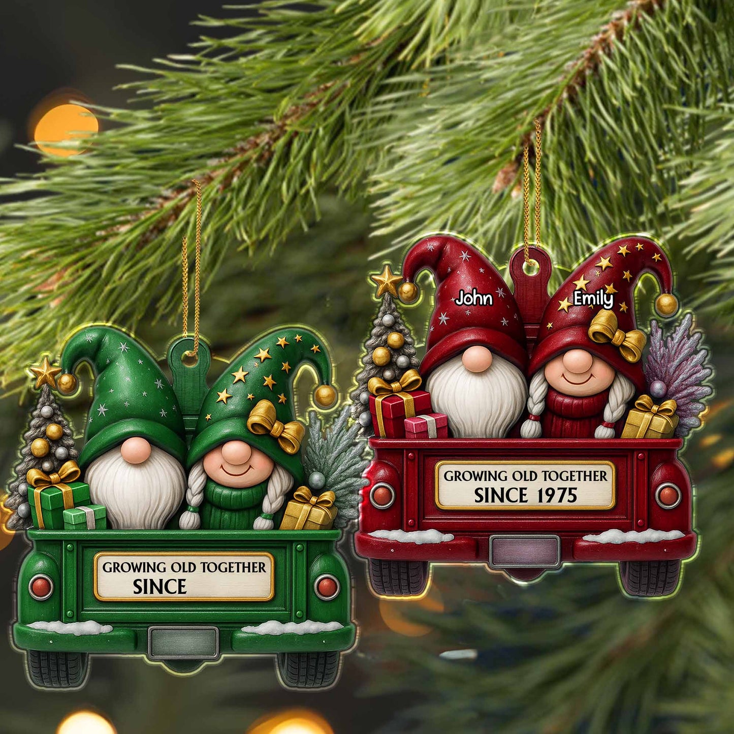Growing Old Together Since, Red Truck With Gnomes And Christmas Tree