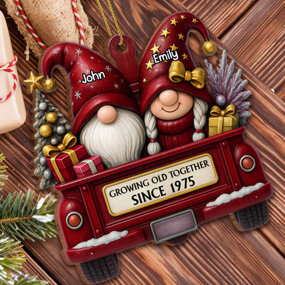Growing Old Together, Red Truck With Christmas Gnomes