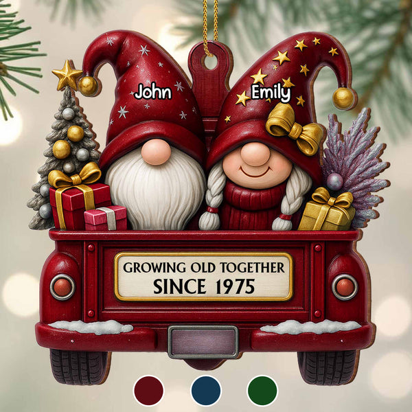 Growing Old Together, Red Truck With Christmas Gnomes - Personalized Custom Wood Ornament, Custom Shaped - CPL484_WDO