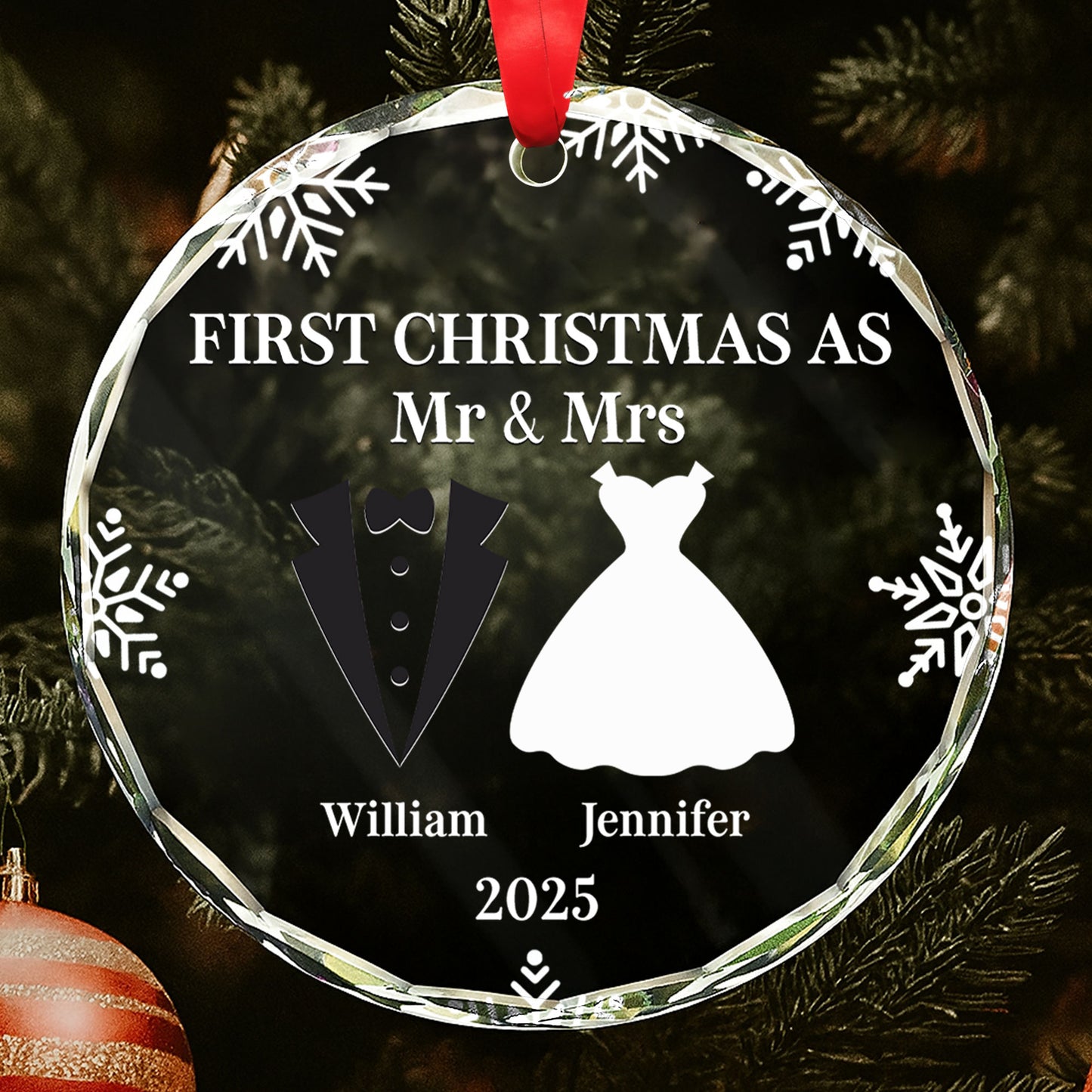 First Christmas As Mr And Mrs With Snowflakes and Wedding Attire