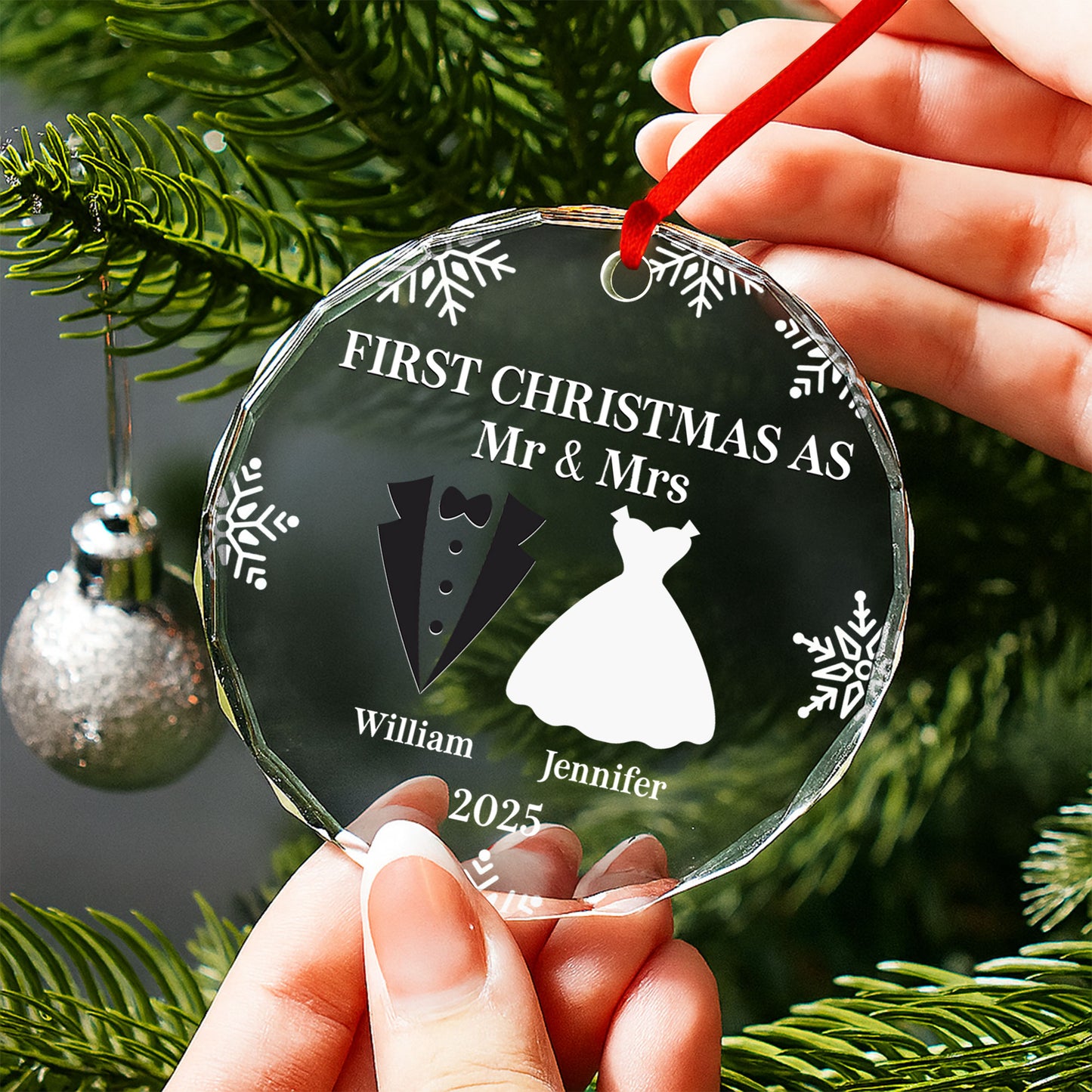 First Christmas As Mr And Mrs With Snowflakes and Wedding Attire