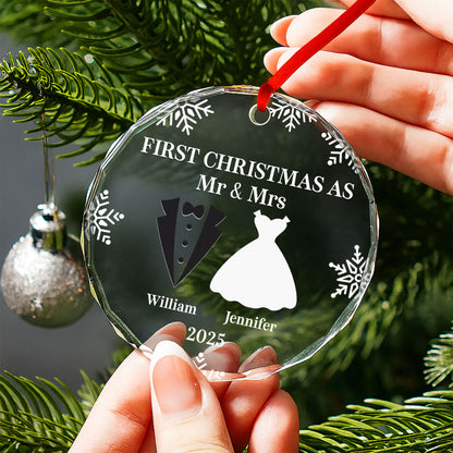 First Christmas As Mr And Mrs With Snowflakes and Wedding Attire