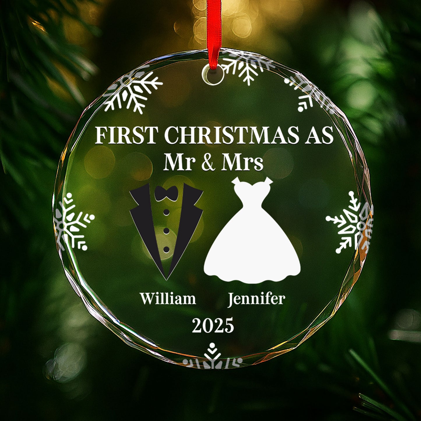 First Christmas As Mr And Mrs With Snowflakes and Wedding Attire