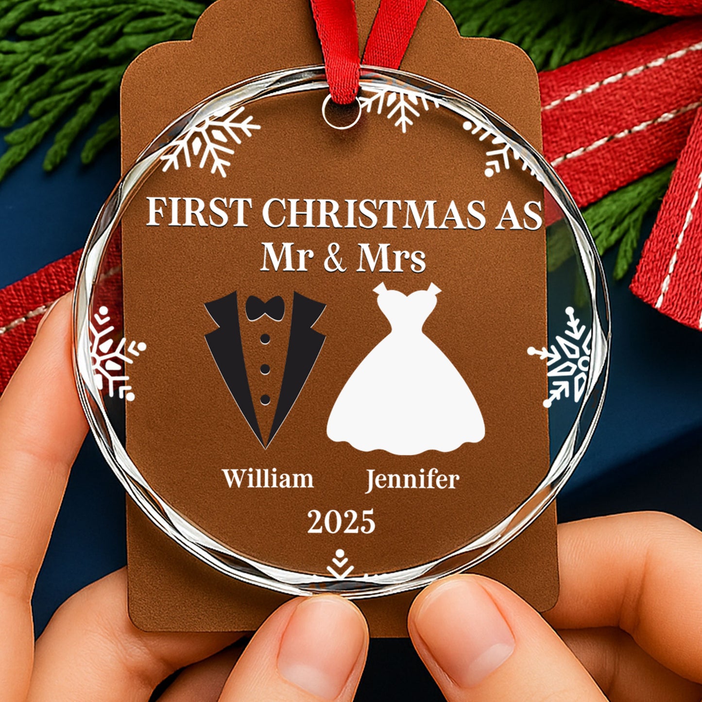 First Christmas As Mr And Mrs With Snowflakes and Wedding Attire
