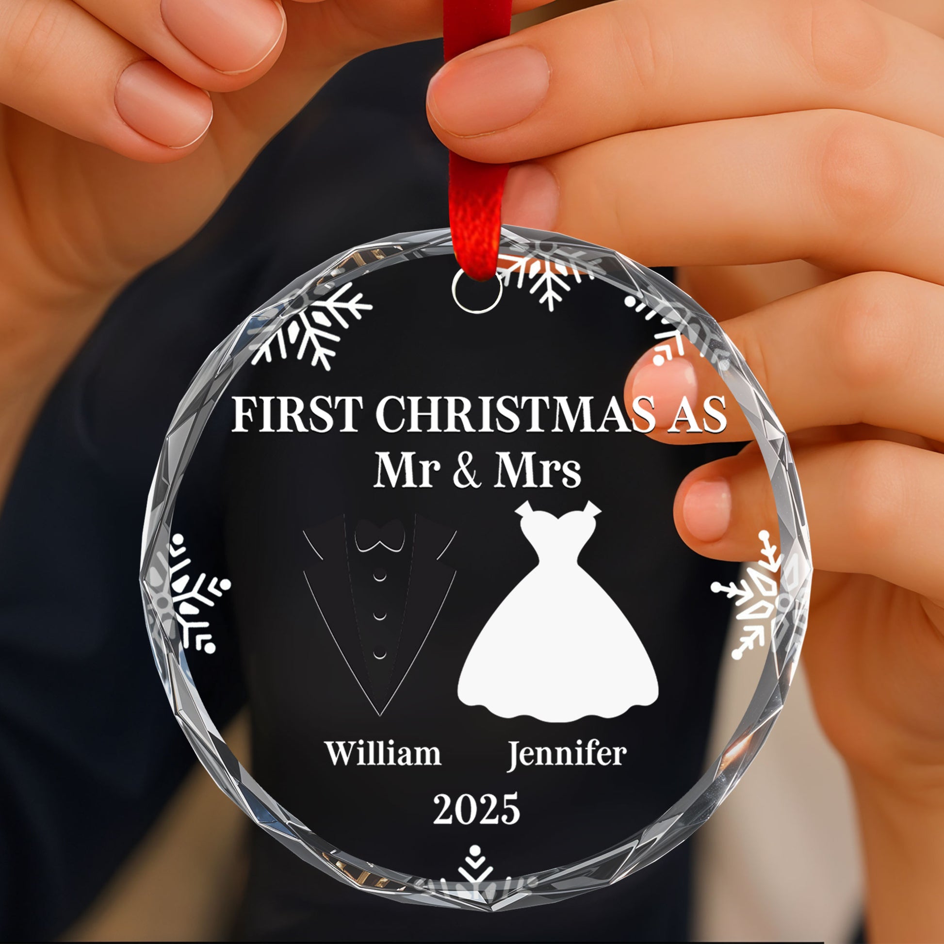 First Christmas As Mr And Mrs With Snowflakes and Wedding Attire