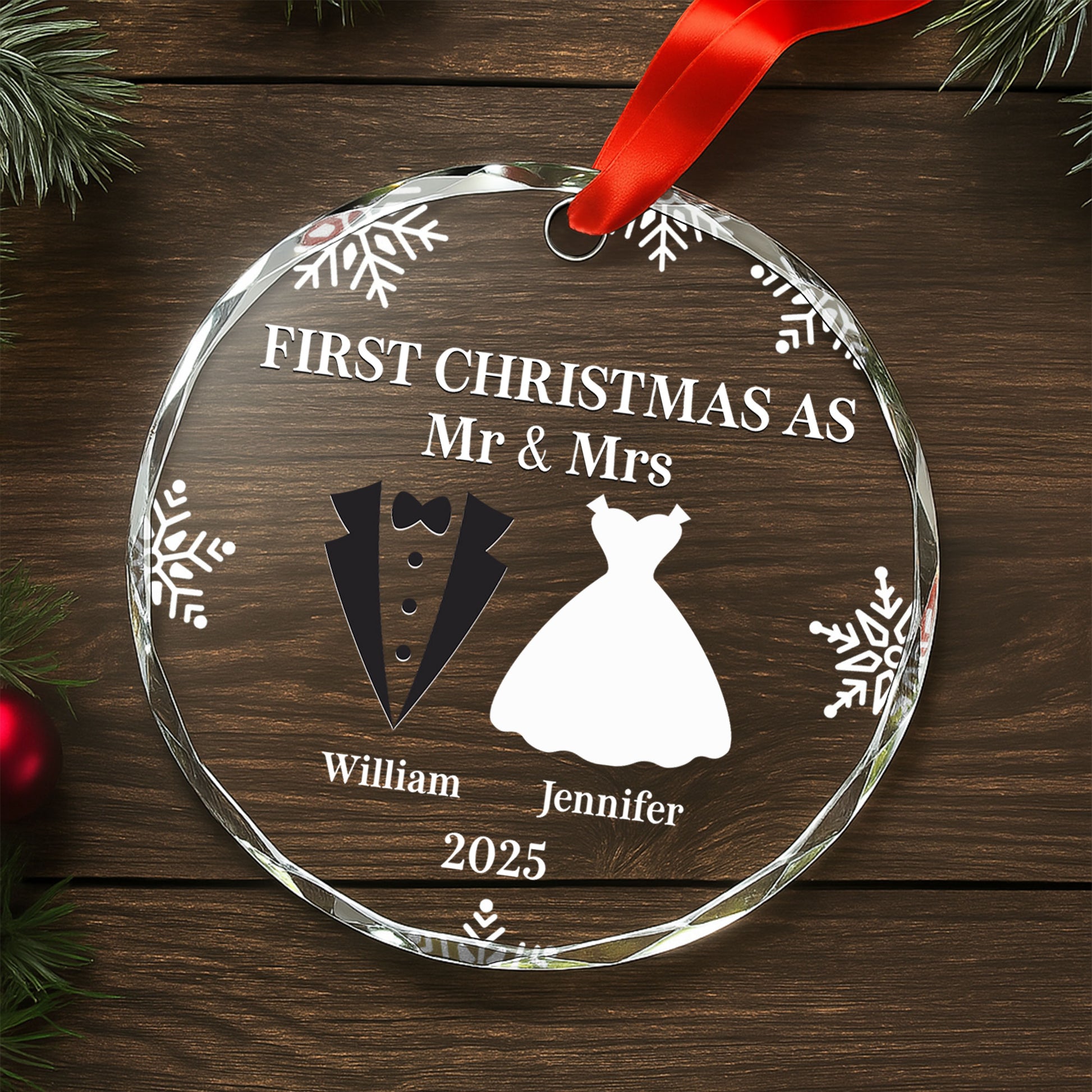First Christmas As Mr And Mrs With Snowflakes and Wedding Attire