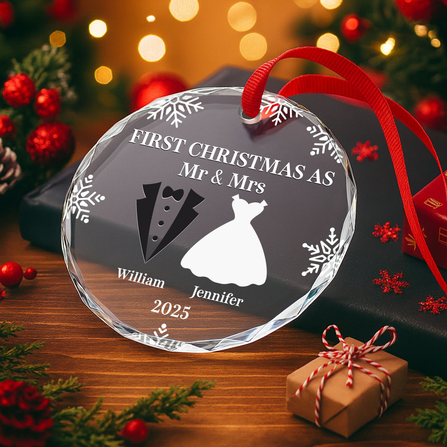 First Christmas As Mr And Mrs With Snowflakes and Wedding Attire