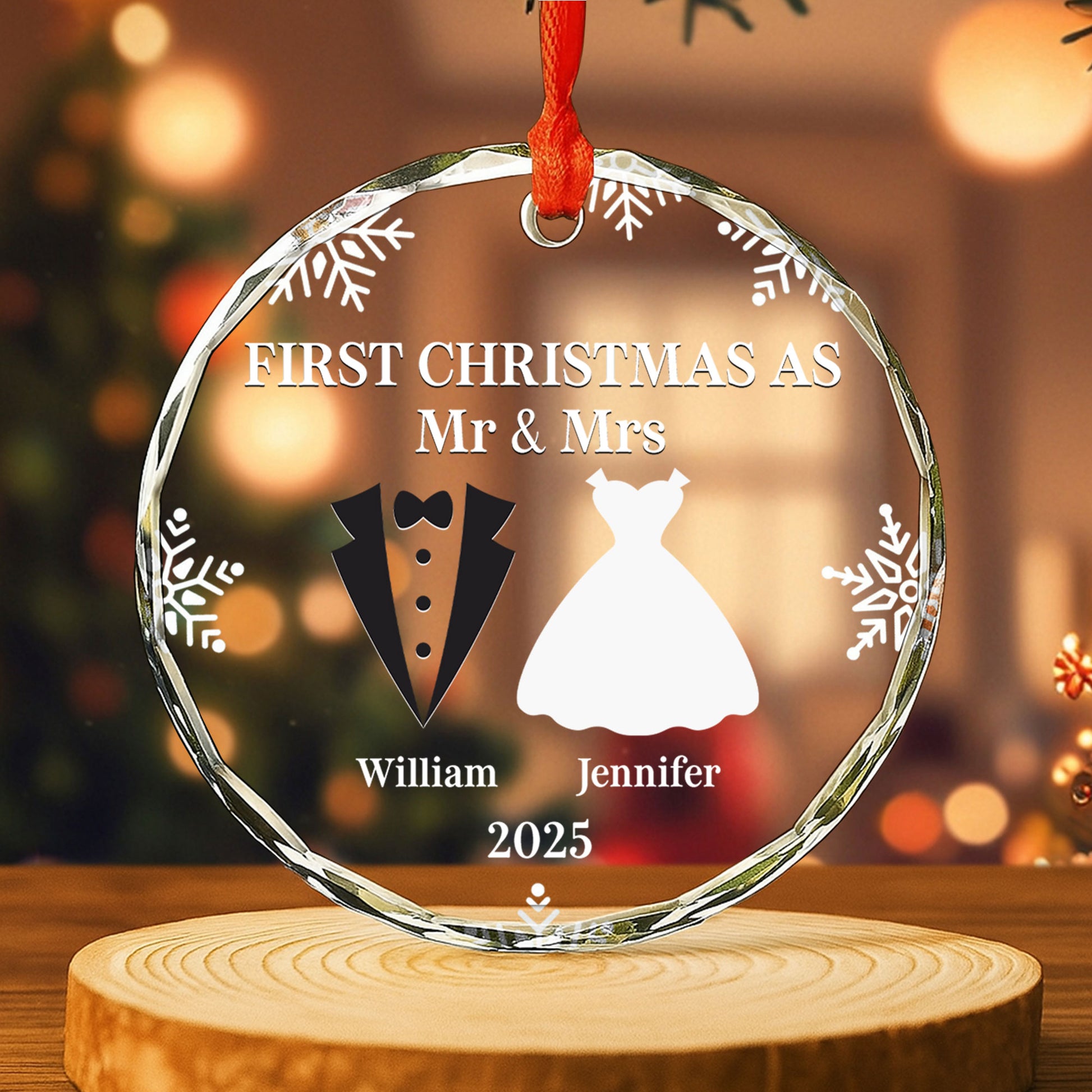 First Christmas As Mr And Mrs With Snowflakes and Wedding Attire