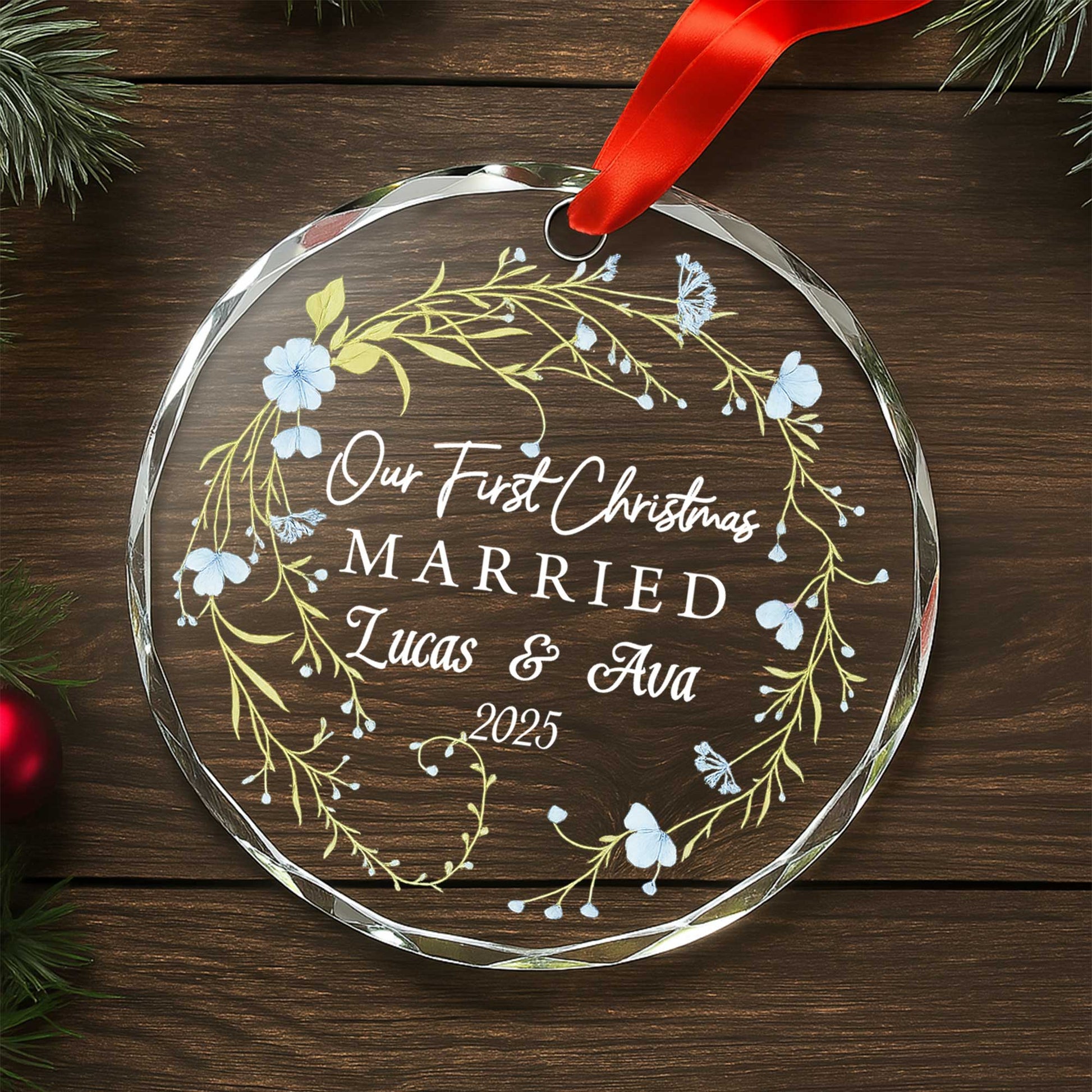 Our First Christmas Married With Flowers And Branches