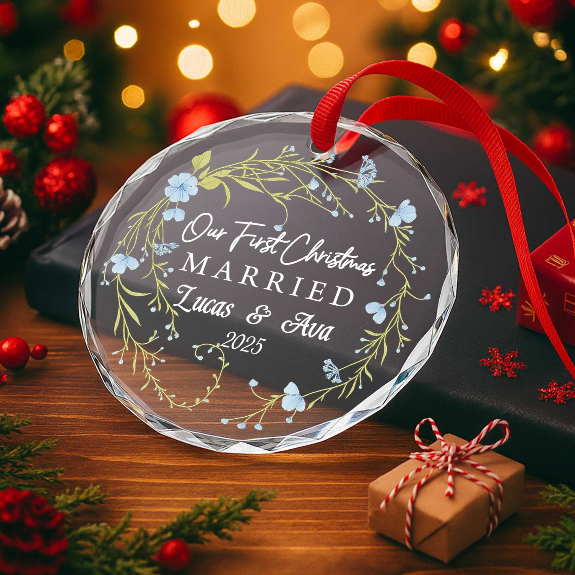 Our First Christmas Married With Flowers And Branches