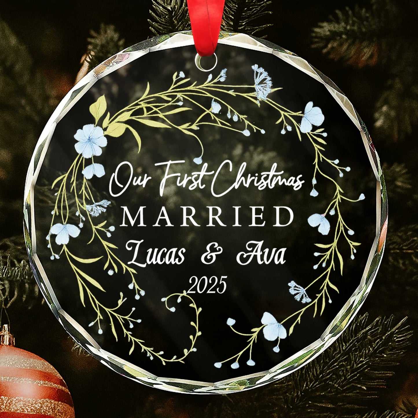 Our First Christmas Married With Flowers And Branches