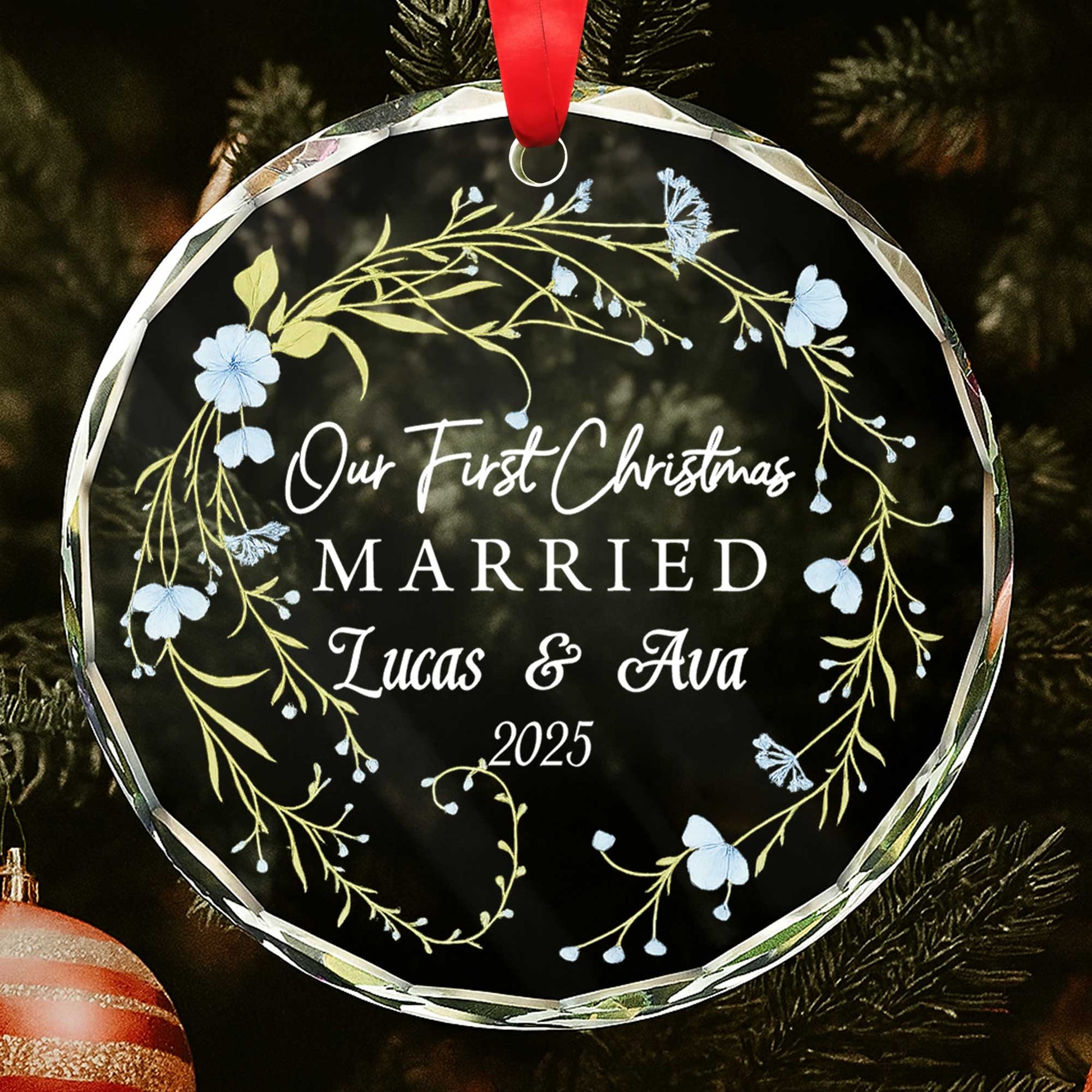Our First Christmas Married With Flowers And Branches