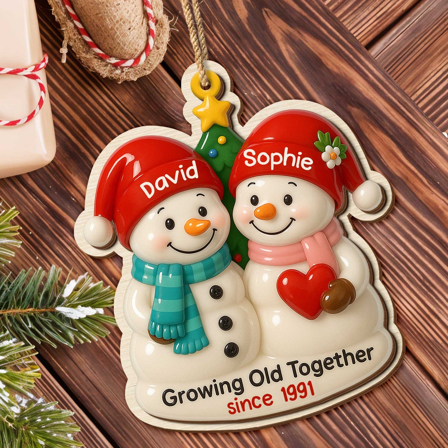 Growing Old Together, Snowmen With Heart And Santa Hats