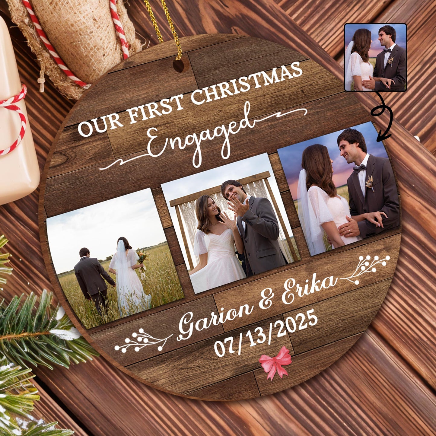 Our First Christmas Engaged, Wood Ornament With Photos And Ring