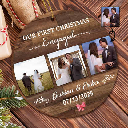 Our First Christmas Engaged, Wood Ornament With Photos And Ring