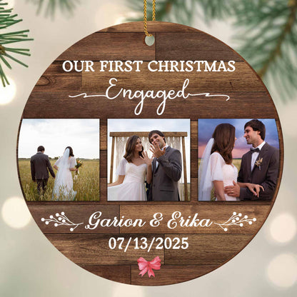 Our First Christmas Engaged, Wood Ornament With Photos And Ring