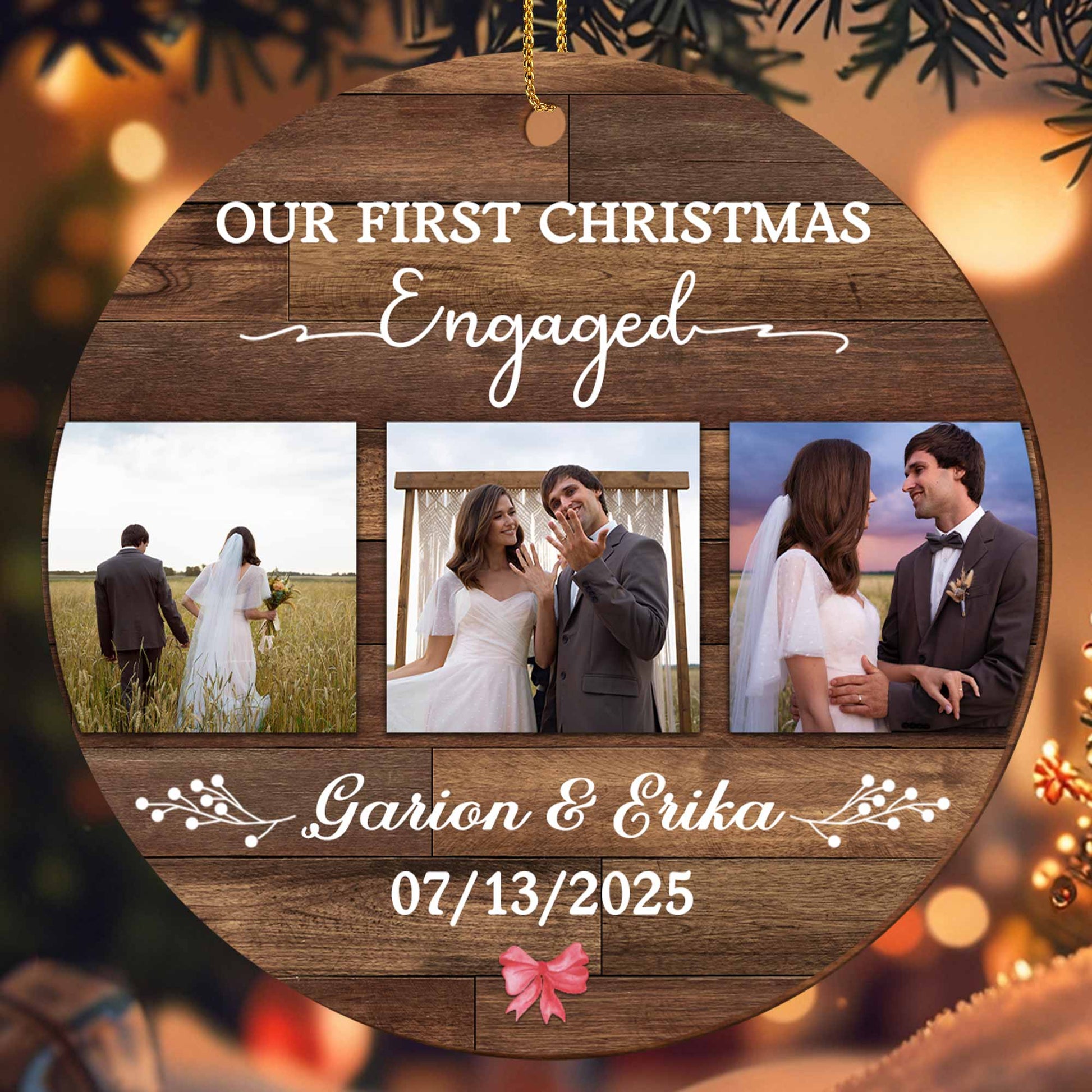 Our First Christmas Engaged, Wood Ornament With Photos And Ring