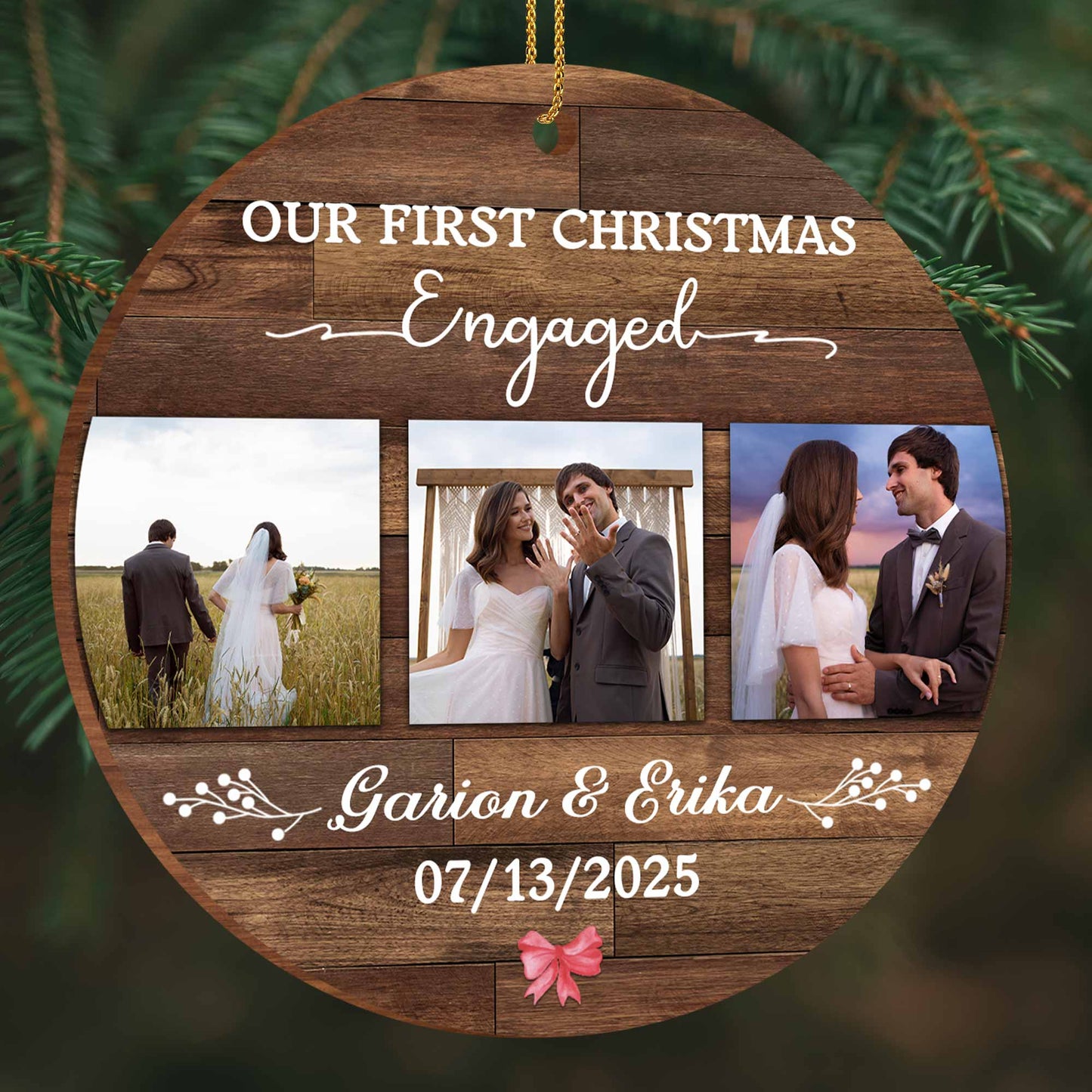 Our First Christmas Engaged, Wood Ornament With Photos And Ring