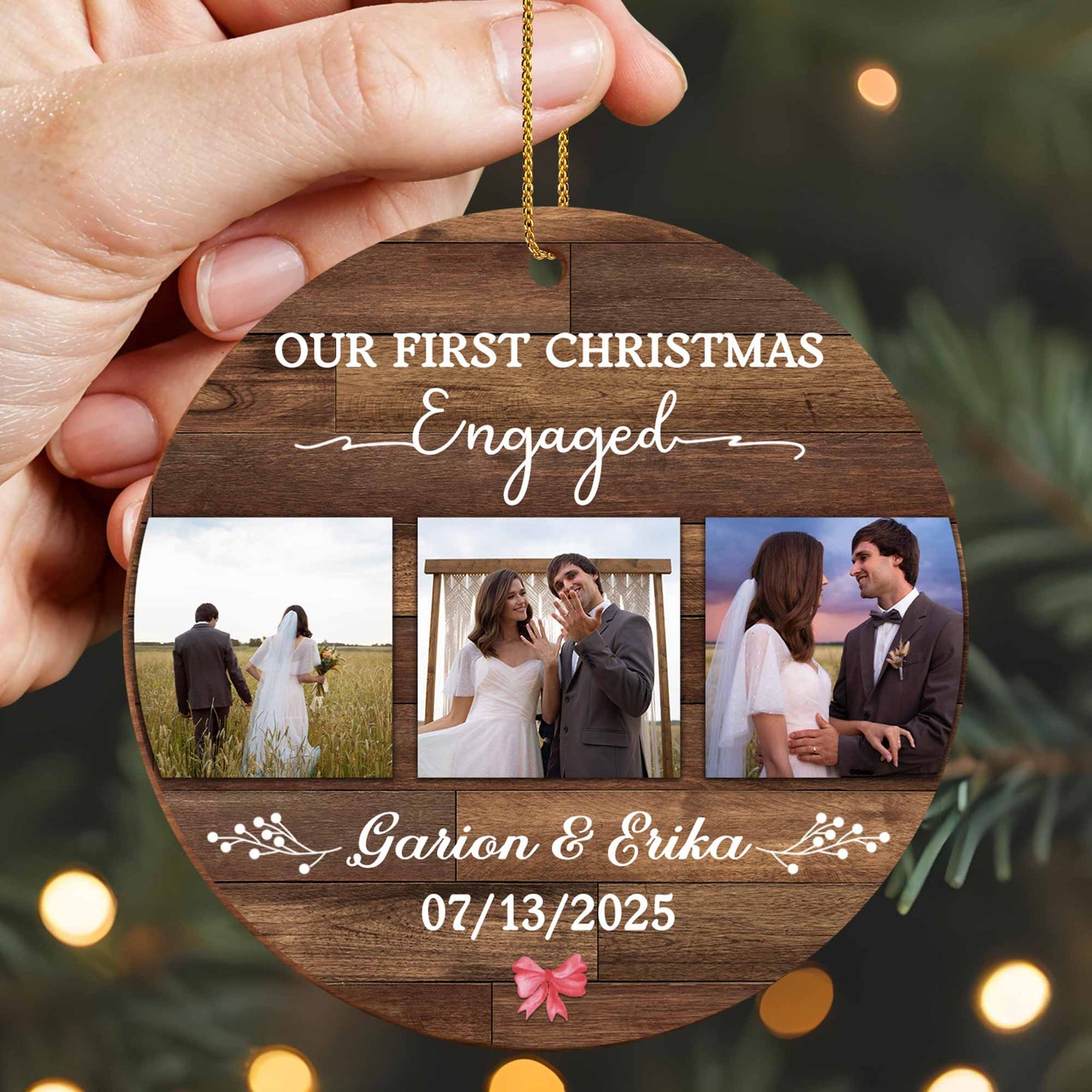 Our First Christmas Engaged, Wood Ornament With Photos And Ring