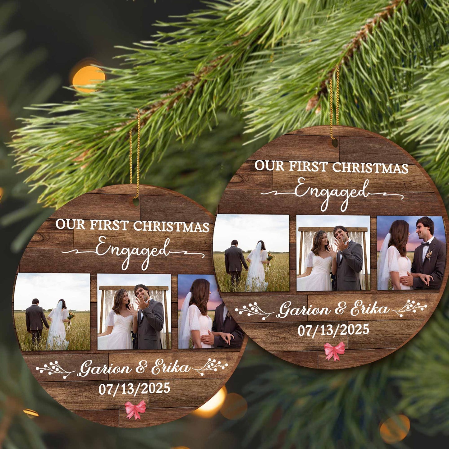 Our First Christmas Engaged, Wood Ornament With Photos And Ring