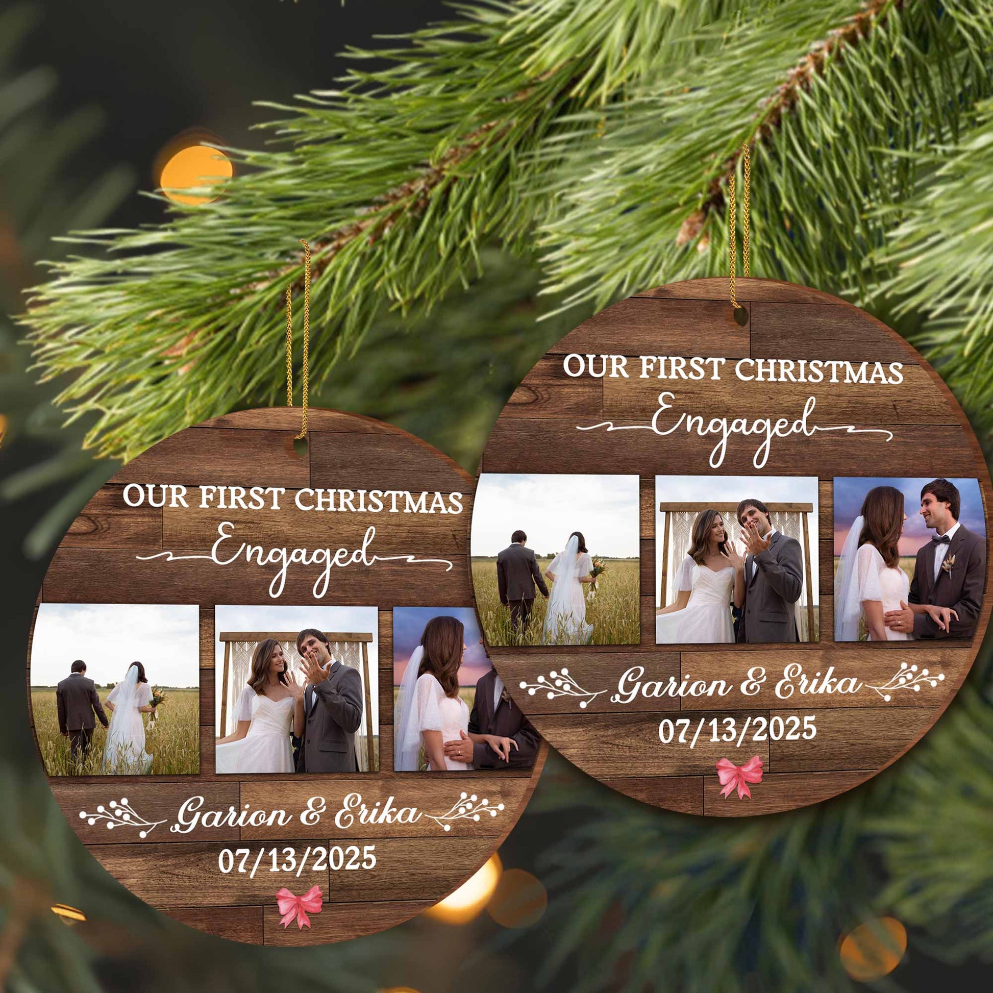 Our First Christmas Engaged, Wood Ornament With Photos And Ring