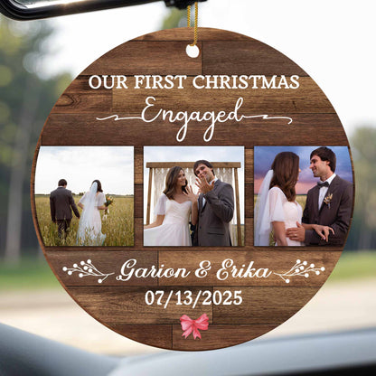 Our First Christmas Engaged, Wood Ornament With Photos And Ring