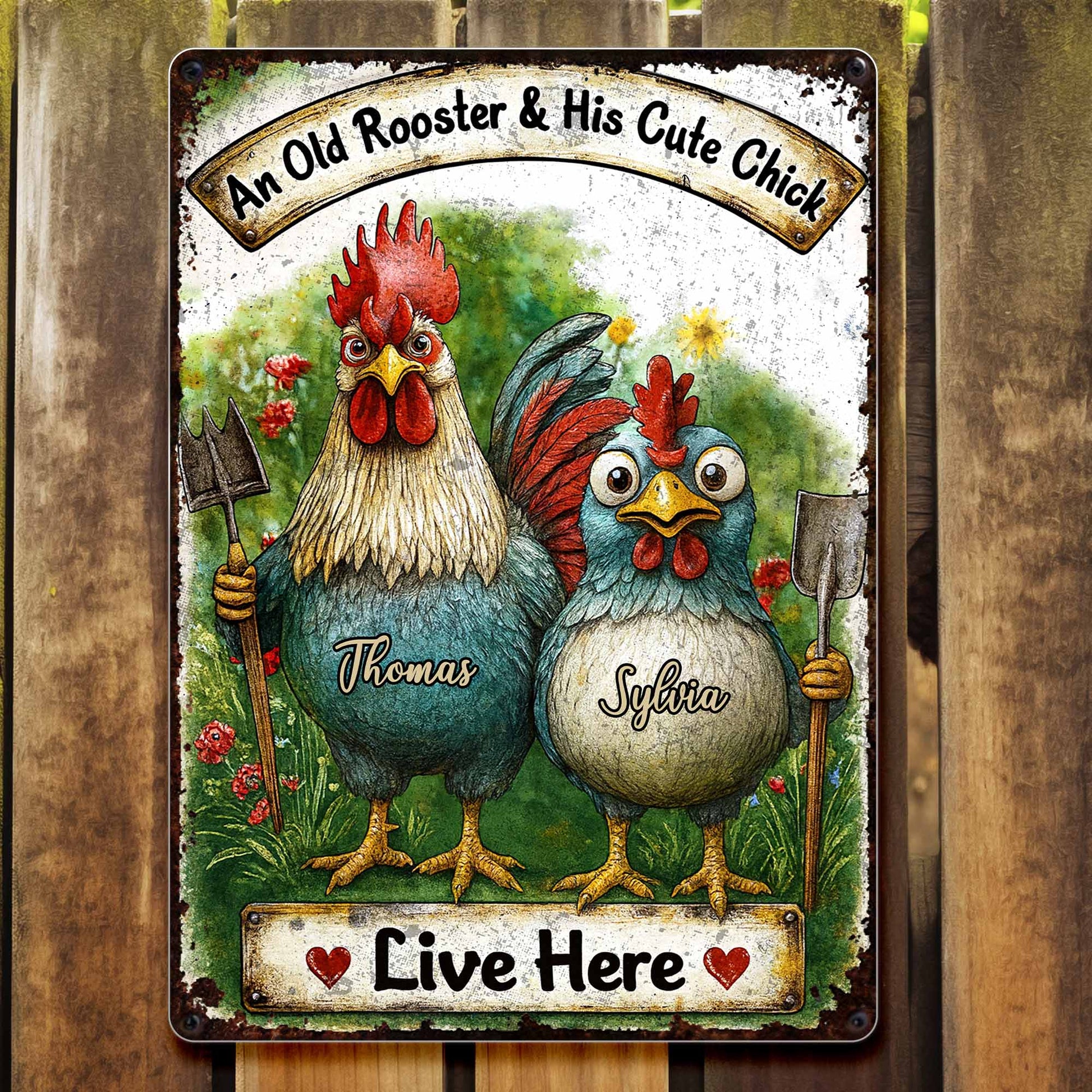 An Old Rooster & His Cute Chick Live Here