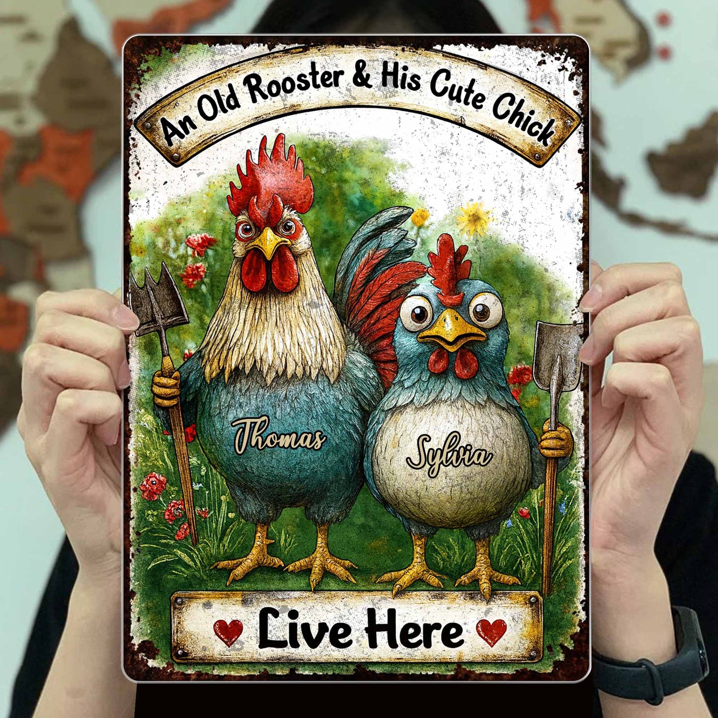 An Old Rooster & His Cute Chick Live Here
