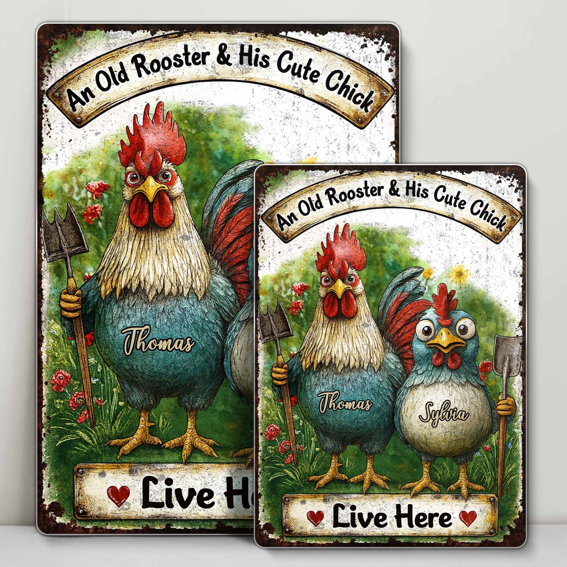 An Old Rooster & His Cute Chick Live Here