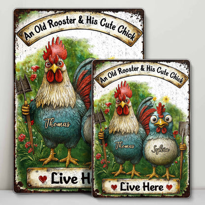 An Old Rooster & His Cute Chick Live Here