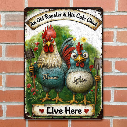 An Old Rooster & His Cute Chick Live Here