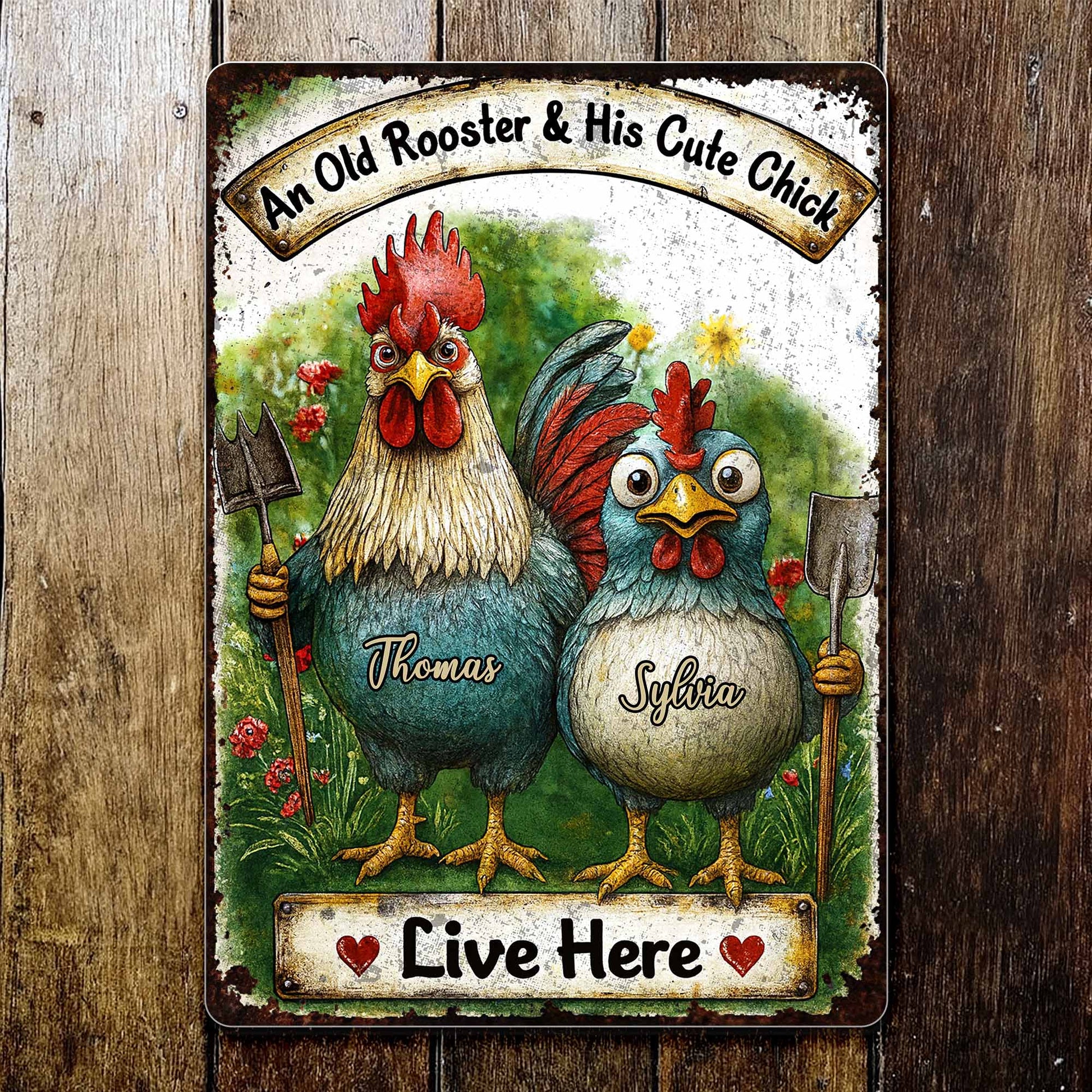 An Old Rooster & His Cute Chick Live Here