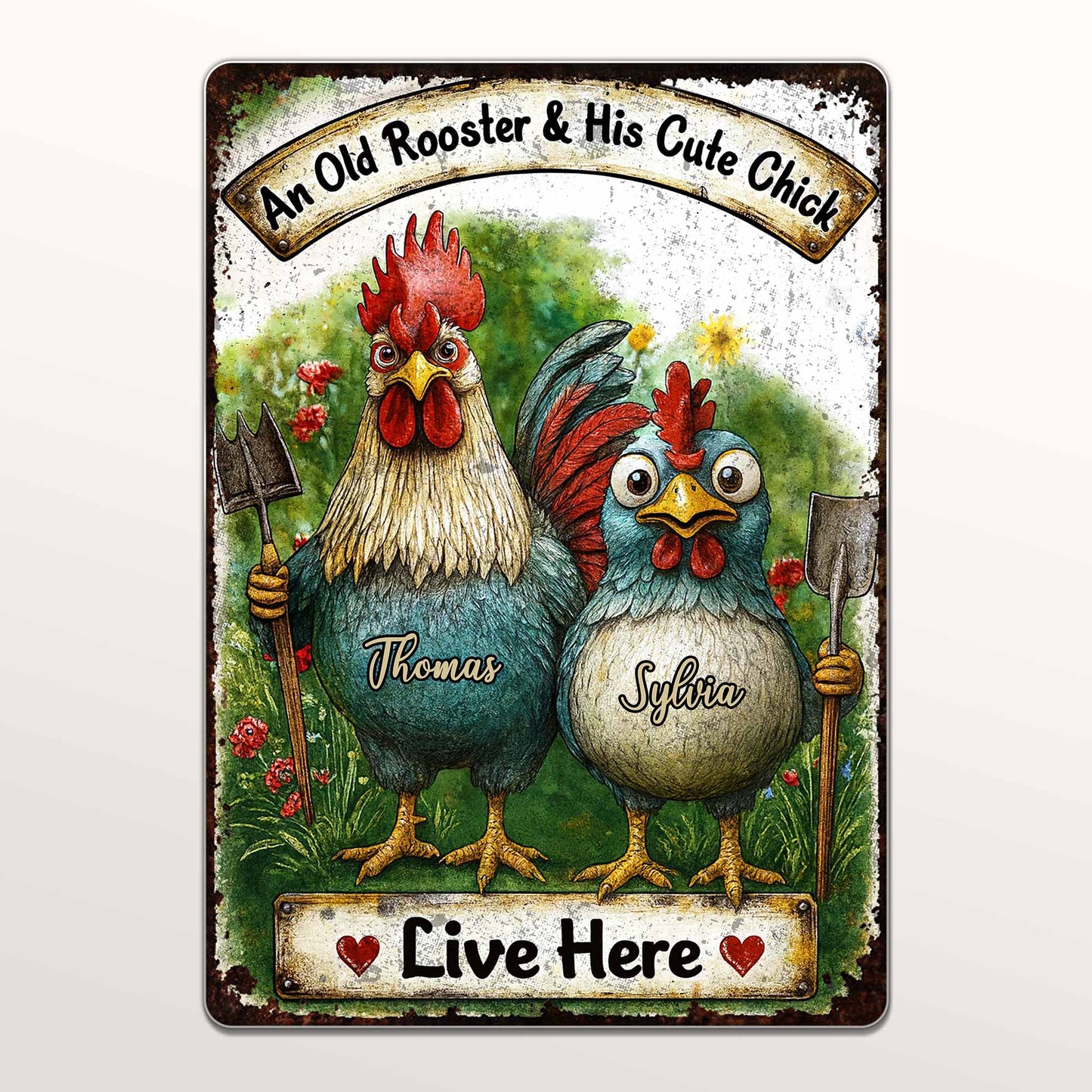 An Old Rooster & His Cute Chick Live Here