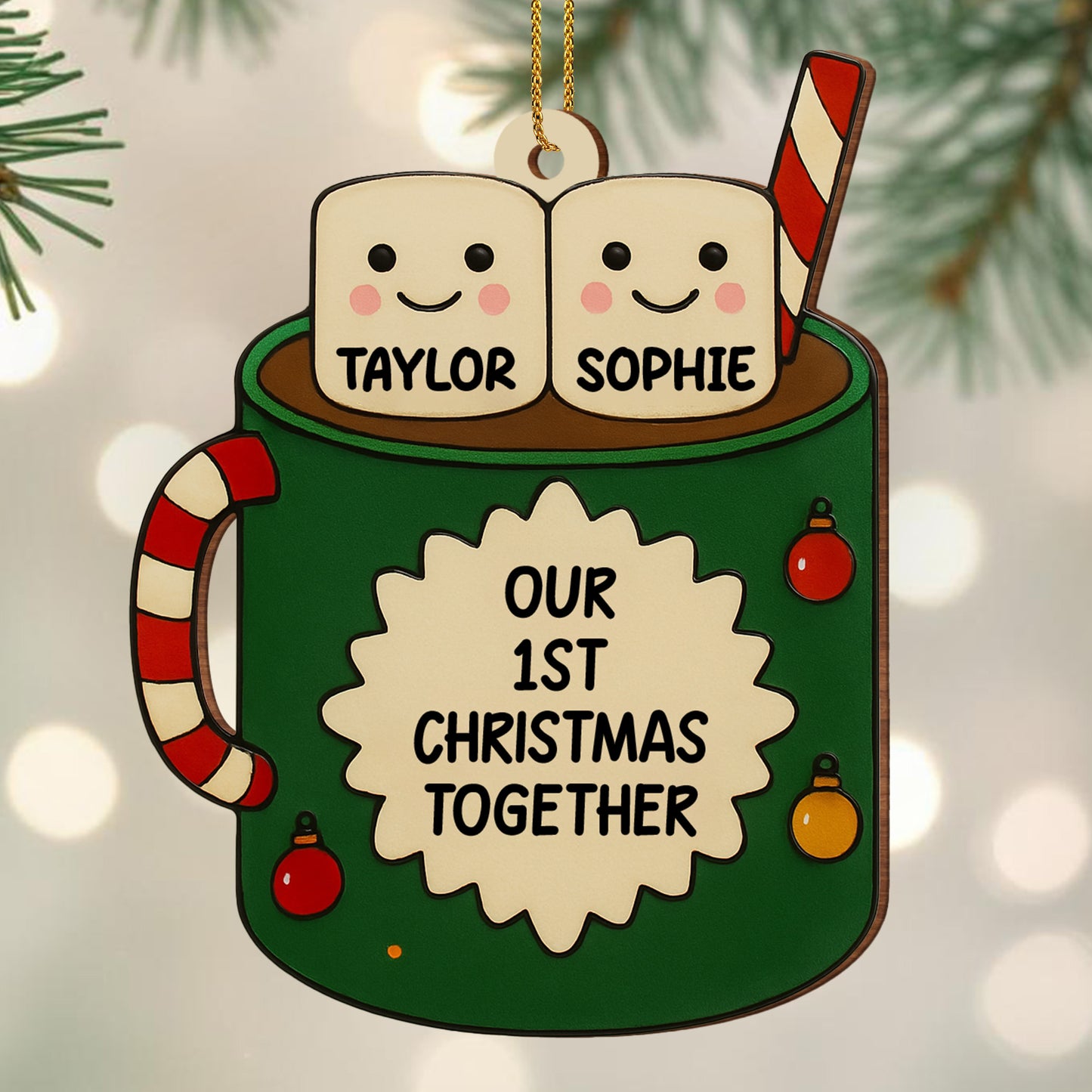 Our 1st Christmas Together, Marshmallows And Candy Cane - Personalized Custom Wood Ornament, Custom Shaped - CPL509_WDO