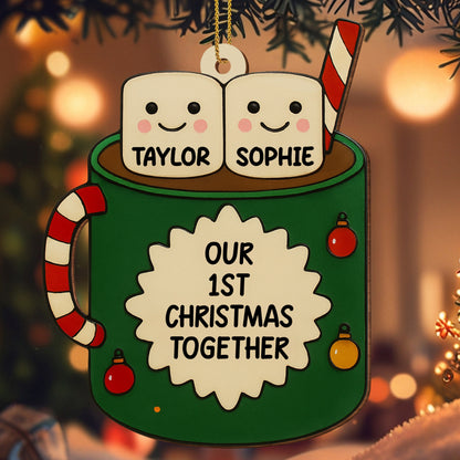 Our 1st Christmas Together, Marshmallows And Candy Cane - Personalized Custom Wood Ornament, Custom Shaped - CPL509_WDO