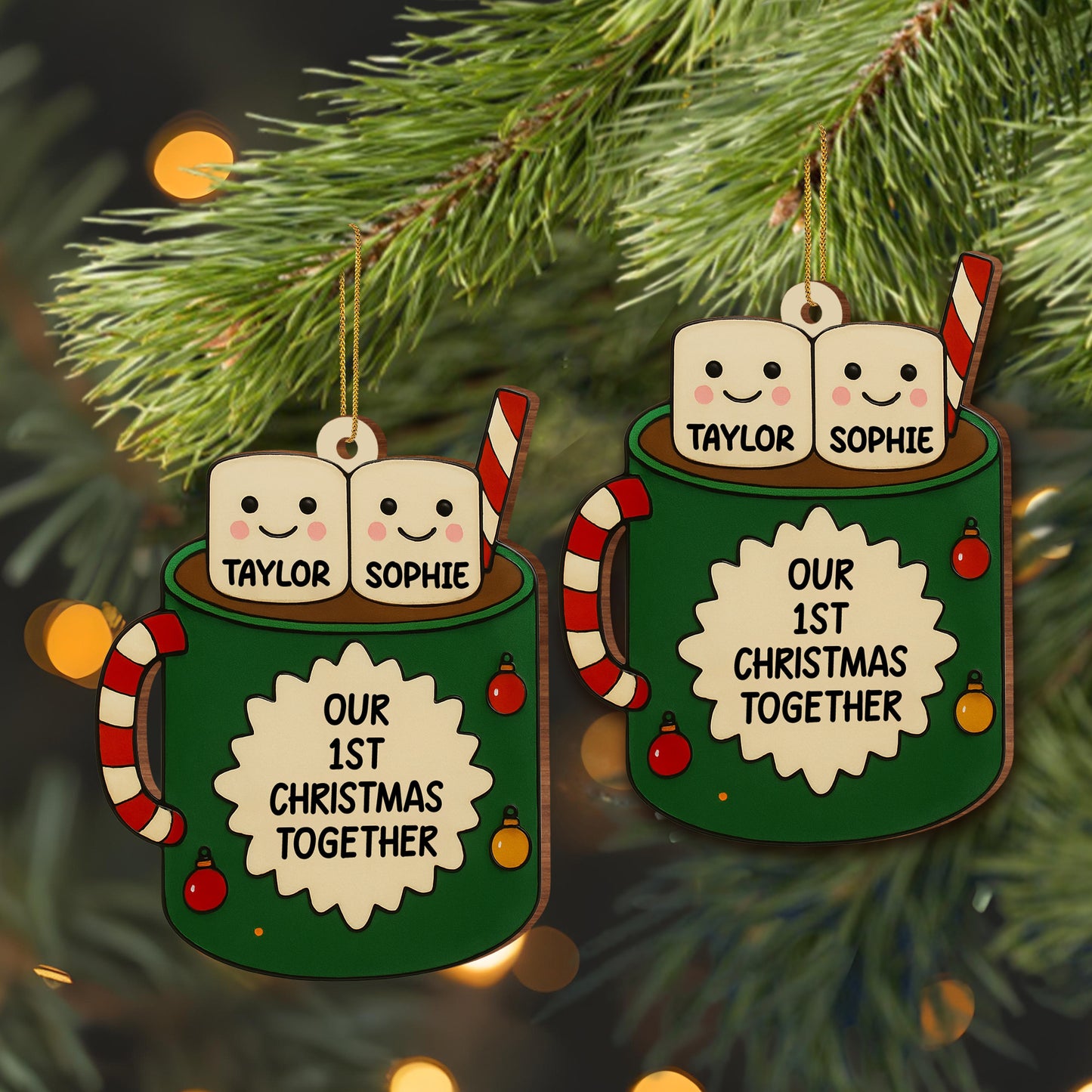 Our 1st Christmas Together, Marshmallows And Candy Cane - Personalized Custom Wood Ornament, Custom Shaped - CPL509_WDO