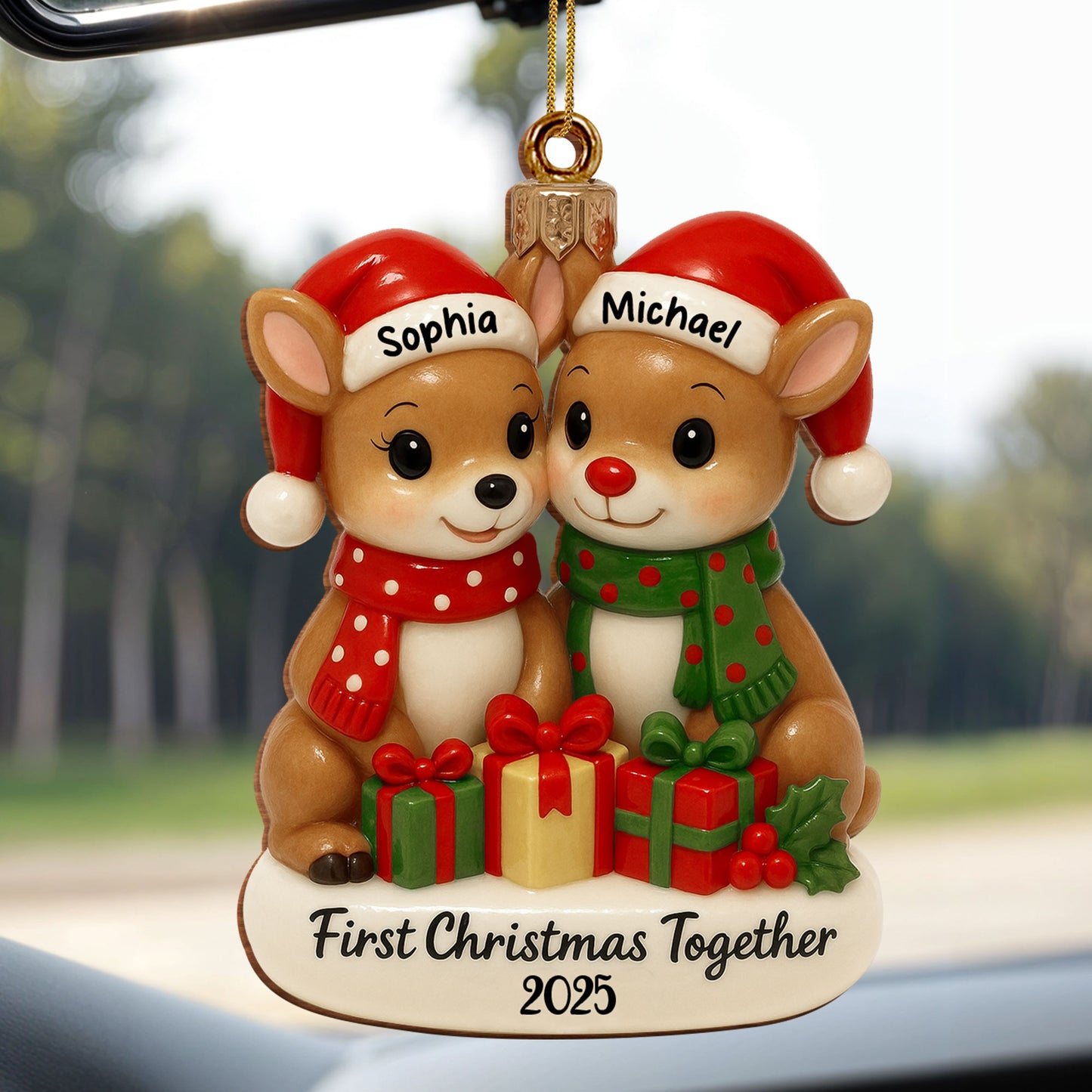 First Christmas Together With Reindeers And Gifts