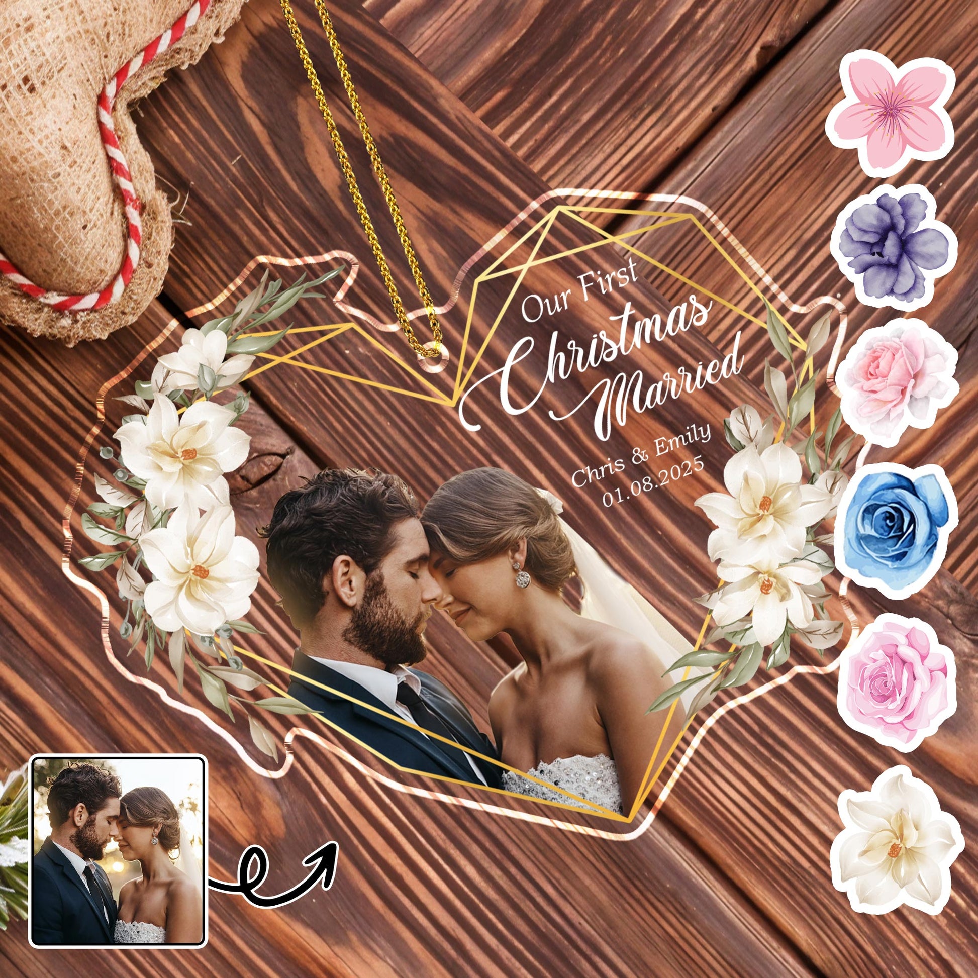 Our First Christmas Married, Flowers & Couple Design