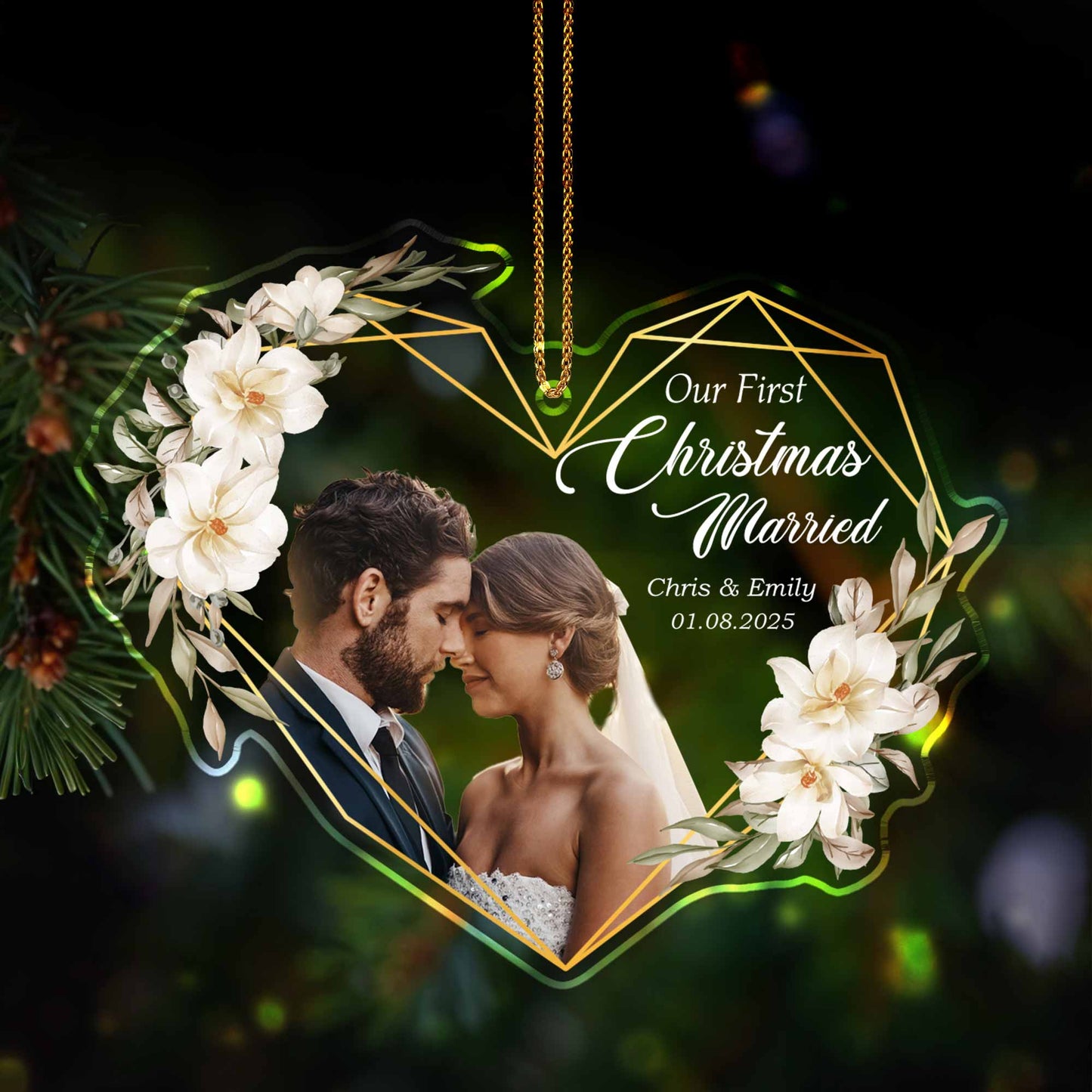 Our First Christmas Married, Flowers & Couple Design