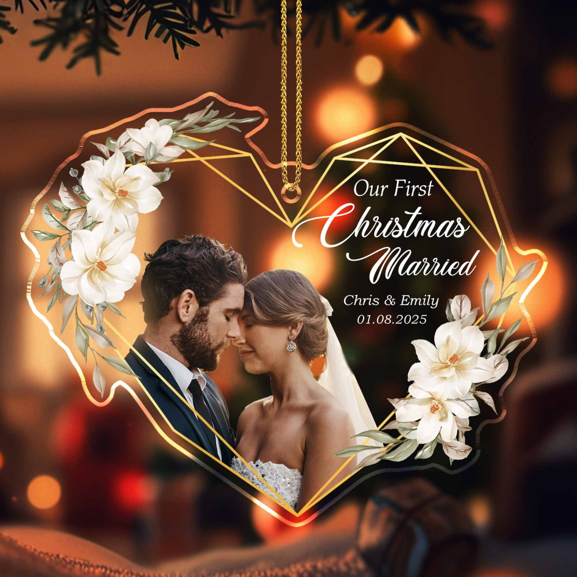 Our First Christmas Married, Flowers & Couple Design